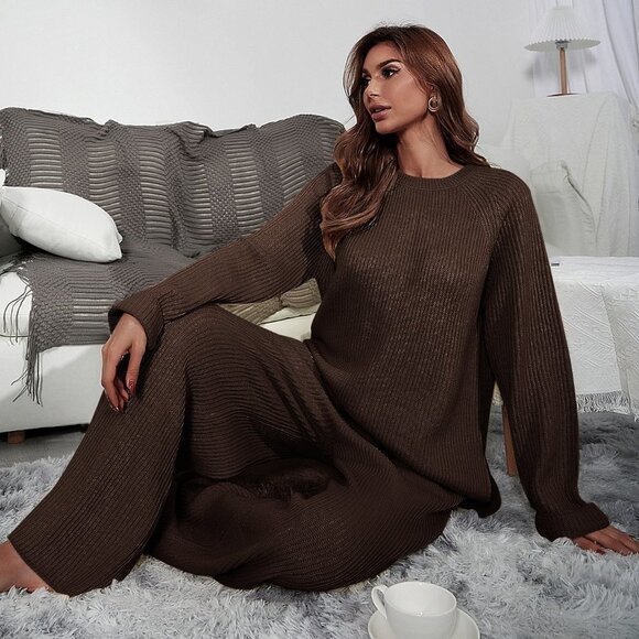 Brown Casual Womens Raglan Sleeve Sweater & Knit Wide Leg Pants - Picture 3 of 5